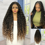 Boho Knotless Braided Wigs for & Men - Double Full Lace Synthetic Hair with Hair, 200% Density Curly Wave, Heat Resistant & Breathable, Unisex Bohemian Box Braids for Everyday & Special Occasions