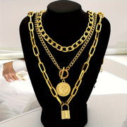 Luxury Golden Multilayer Cuban Chain Necklace with OT Clasp and Portrait Pendant - Women’s Punk Style Layered Jewelry for Casual Attire, Mother’s Day Gift, Pendant Necklace