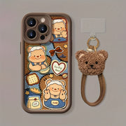 1pc Butter Bear Pattern Plush Lanyard Brown High Bamboo Mobile Phone Case, TPU Material Full Cover Anti-fall Lightweight Sandpaper Mobile Phone Protective Case, Suitable for iPhone 16/11/13/15/15 Plus/15 Pro/15 Pro Max/12/14