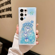 A Glow-In-The-Dark Liquid Glitter Phone Case for Samsung Galaxy S22/S23/S24/S25/Plus Ultra, Featuring a Fun Spaceship Astronaut Design, Making It a Creative Christmas And New Year Gift Phone Protector.