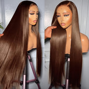 250% Density Brazilian Virgin Human Hair Wig - Chocolate Brown Straight 13x6 HD Transparent Lace Front Wig for Women, Pre-Plucked with Baby Hair, Natural Look for All Ethnicities, Fashion Accessory | Sleek Hairstyle | Silky S
