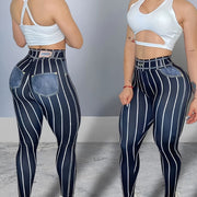 High-Waist Denim-Look Yoga Pants for Women - Sexy Fitness Leggings with Trendy Striped Design, Red & White Vertical Stripes, Stretchy Polyester Blend, Machine Washable, Perfect for Yoga, Running, and Gym Workouts, Athletic We