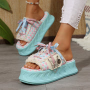 Women'S Chic Summer Canvas Slide Shoes - Pink & Blue Checkered Design, Thick Sole, Lace-Up with Charm, Casual Outdoor Footwear, Comfortable Fabric Upper, Rubber Sole, Round Toe, Fashionable and Casual