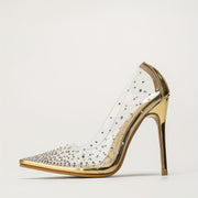 Elegant Golden T-Strap Stiletto Heels with Sparkling Rhinestones - 4.33inch Ultra High Heel, Pointed Toe, TPU Upper, Synthetic Insole & Sole, Allseason Fashion, Stylish High Heel | T Strap Heels | Tpu Upper Heels