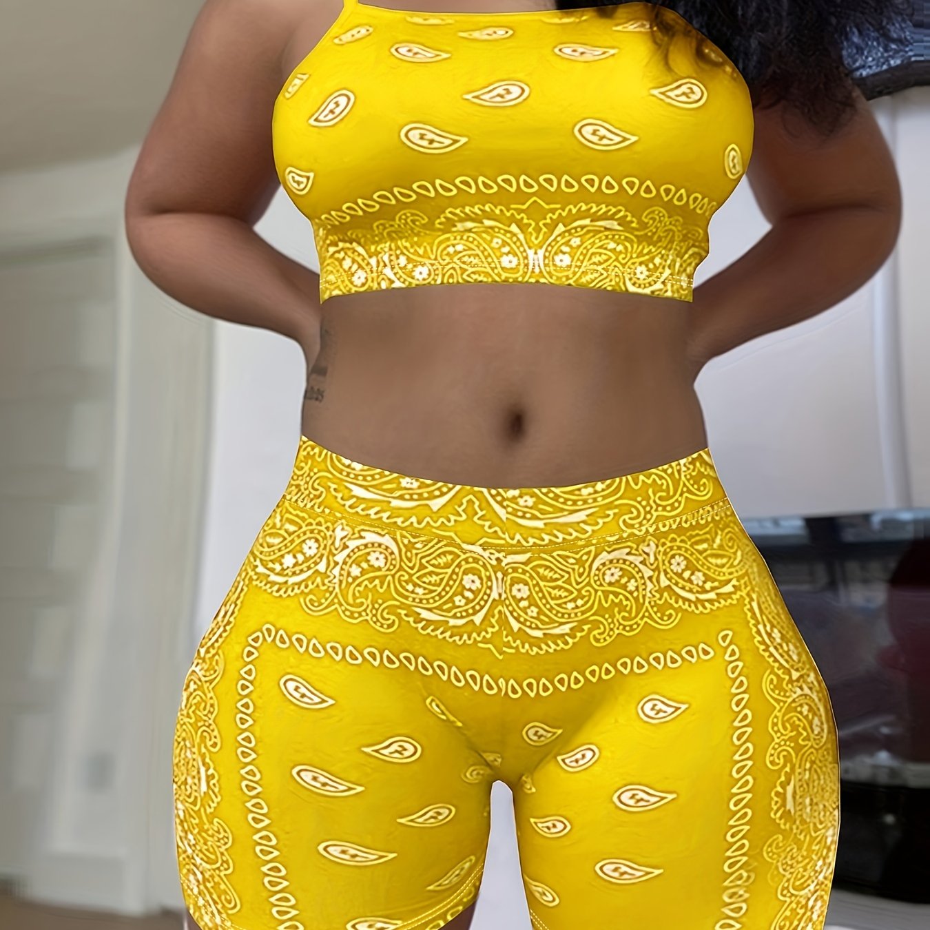 New European and American Women's Summer Clothes Paisley Strappy Sleeveless Shorts Two-Piece Set