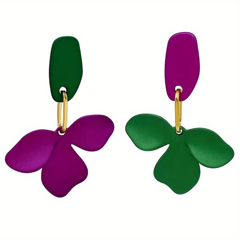 Elegant Asymmetrical Purple & Green Flower Drop Earrings - -Plated Alloy, 925 Sterling Silver Hooks, Perfect for Daily Wear, Parties, and Concerts, Everyday Earrings|Asymmetrical Earrings| Plated Earrings