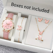 6pcs Lovely Pink Butterfly Shell Quartz Watch, Bracelet, Necklace & Earrings Set - Pointer Display, Electronic Quartz Movement, Non-Rechargeable Battery – Ideal Gift for Valentine’s Day, Easter & Eid al-Fitr – Best Pres