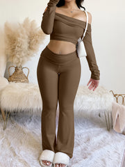 Chic Off-Shoulder Long Sleeve Top & Pants Set for Women - Solid Color, Stretchy Polyester Blend, Machine Washable