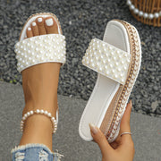 1 Pair Women'S Fashion Platform Slide Sandals, Summer Slip-On Open Toe with Pearl Embellishment, Non-Slip Rubber Sole, Man-Made Materials, Waterproof Thick Sole for Casual Outdoor Wear