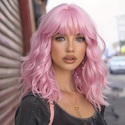 1pc Pink Short Curly Bob Wig with Bangs for Women - Matte Synthetic Hair, Loose Wave Style, 150% Density, Rose Net Cap, Perfect for Casual Attire or Special Occasions