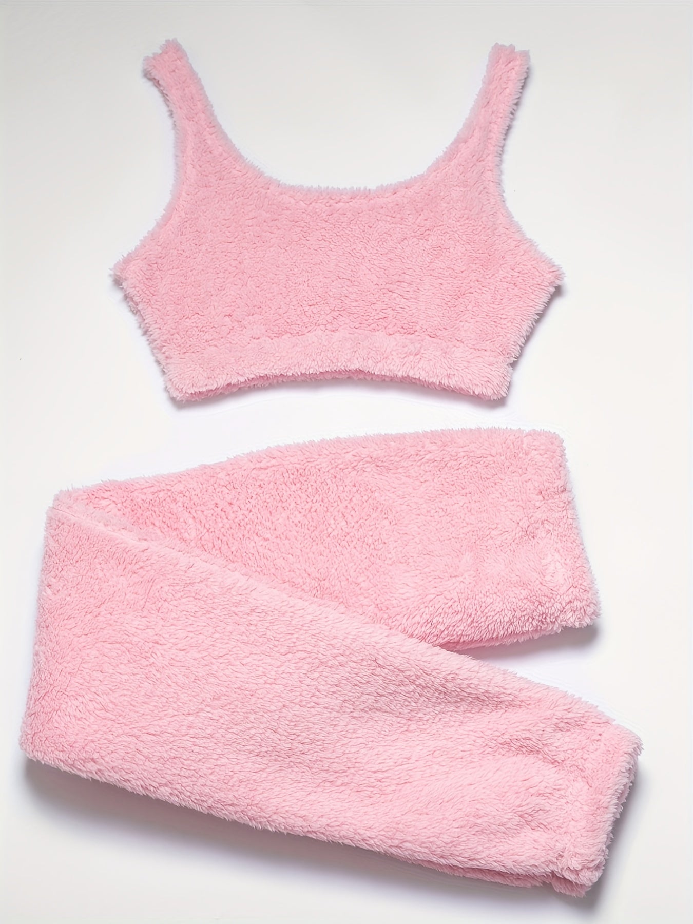 Cozy Solid Fuzzy Lounge Set - Soft Micro Elastic Polyester Tank Crop Top & Elastic Waistband Pants for Women - Machine Washable, Casual Fall/Winter Loungewear & Sleepwear for Adult