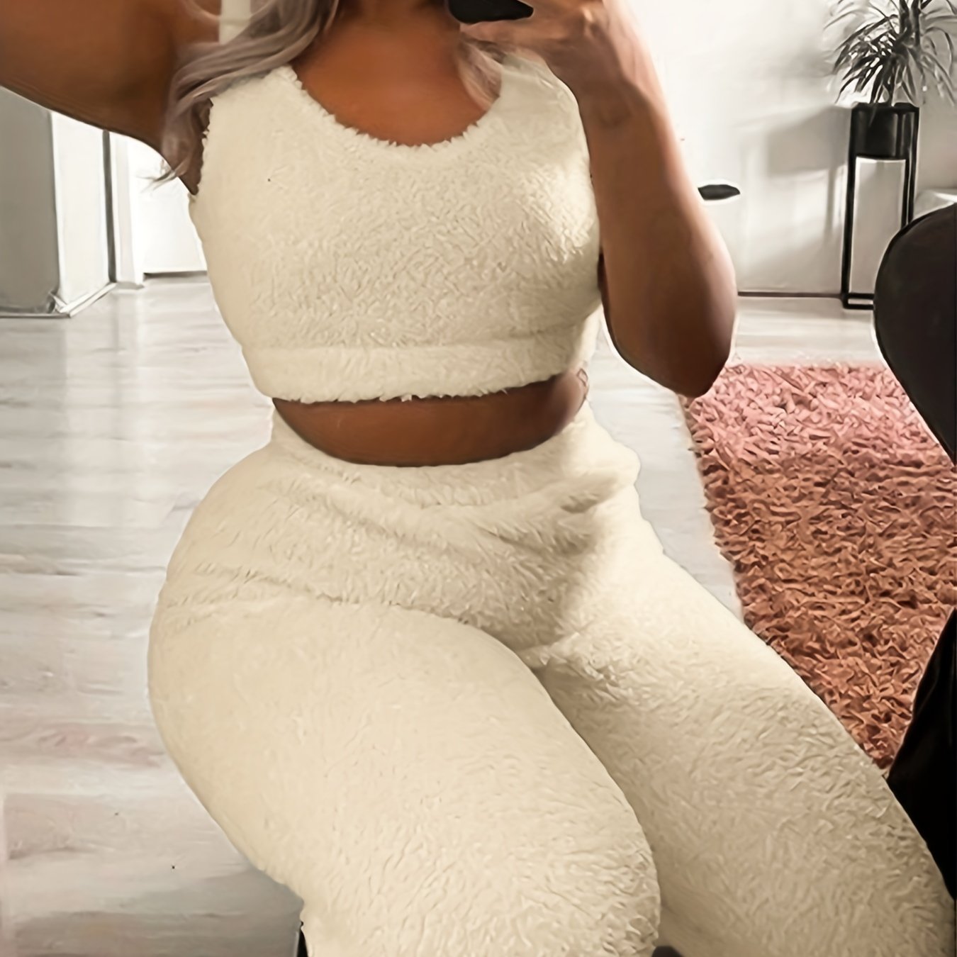 Cozy Solid Fuzzy Lounge Set - Soft Micro Elastic Polyester Tank Crop Top & Elastic Waistband Pants for Women - Machine Washable, Casual Fall/Winter Loungewear & Sleepwear for Adult