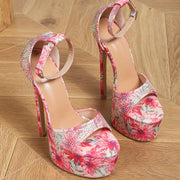 Kissxuanyan Women's 6.3inch Ultra-High Stiletto Heel Sandals - Sexy Open-Toe Ankle Strap with Sparkling Rhinestone Buckle, Floral Fabric Upper & Non-Slip Rubber Sole for Parties, Weddings, Special Occasions (EU 35-42), High H