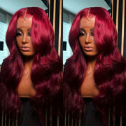 13x6 Inch Glueless Lace Front Wig for Women - Heat Resistant Synthetic Hair, Deep Part Space Burgundy Red Body Wave Loose Curly Wavy Wig with Preplucked Hairline, 200% Density for Daily & Party Use