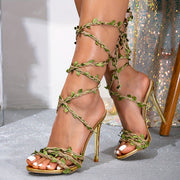 Elegant Golden-Tone Heeled Sandals for Women - Summer 2025 Collection, Pointed Toe with Braided Green Leaf Vine Straps, Ultrahigh Stiletto Heels, Open Back Design, Synthetic Cover, PVC Sole, Perfect for All Seasons