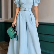 Women's Mint Green Collar Loose-Fit Jumpsuit - Summer Solid Color Machine-Washable Jumpsuit for Casual & Professional Outfits, Professional Attire | Wideleg Outfit | Nonstretch Fabric, Ladies Jumpsuits