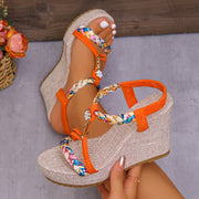 Women'S Ethnic Style Thick Sole Sandals - Orange & Blue Braided Strap, Comfortable Fabric Lining, Open Toe Wedge Heels for Summer & Fall, Perfect for Casual or Dressy Looks, Summer Sandals | Stylish Wedge Heels | Flexible Str