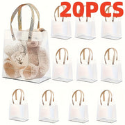 20pcs Clear Frosted Tote Bags with Floral & Bear Design - Durable Polypropylene, Perfect for Weddings, Showers, Birthdays, and Housewarmings, Event Tote Bags | Floral Bear Design | Durable Tote Bags, Tote Bag