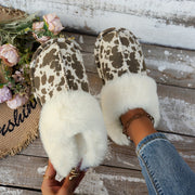 Cozy Winter Plush Slippers for Women - Fashionable Beige with Cow Print, Thick Fleece Lining, Warm & Non-Slip Sole, Comfortable Indoor Footwear, Ladies Slippers