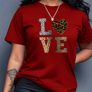 Stylish White 'LOVE' Leopard Heart Print Tee - Casual Round Neck Short Sleeve, 100% Polyester, Machine Washable - Perfect for All Seasons, Casual Wear Tee|Leopard Heart Design|Stretchable Material