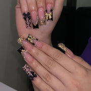 10pcs Glamorous Press-On Nails with Black, Golden Accents - Delicate Bows, Rhinestones & Intricate Patterns, Nude Base, Black Tips, Opulent Golden Details for Special Occasions, Elegant Nail Art, Sophisticated Manicure, Highe