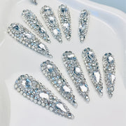 10pcs Handmade Press on Nails Kit Rhinestone Decor Luxury Extra Long Pointed Almond Nails Box Included Free Nail Tool Stickers Nail Charm DIY Salon Nail Art Party Christmas Silvery Acrylic Nail Y2K Nail Supplies Fake Nail Tip