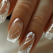 A Box Of 24pcs Of Press-on French-style Shiny Silvery Glitter Elegant False Nails With Simple And Elegant Lines, Suitable For Women And Girls For Dating And Daily Wear. The Advanced Glossy Surface Can Be Detached, And The Set