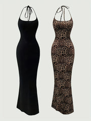 2pcs Women’s Elegant Halter Neck Backless Knit Dresses, Long Mermaid Tail, Stretchy Polyester & Elastane Blend, Solid Black and Leopard Print, Machine Washable, All-Season Bodycon Design, Versatile Fashion | Backless Gown |