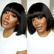 200 Density, Machine Made Bob Wig, Women'S Short Bob Wig with Bangs - Natural Black Machine Made Brazilian Human Hair - Glueless Wig 3 Seconds To Wear, Short Bob Human Hair Wig, Elegant Look Fit Natural Human Hair Wig