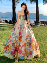 Women's Vibrant Floral Print Sleeveless Maxi Dress with Tropical V-Neck and Ruffled Hem - Perfect for Summer Vacations and Beach Outings, Vacation Attire | Fitted Waist, Beach Dress