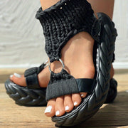 Women's Knitted Platform Sandals with Thick Cushioned Midsole - Adjustable Back Strap, Open-Toe Summer Shoes, Breathable Fabric Upper & TPR Sole for Casual Outings, Beach, Student Fashion, Ladies Sandals