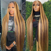 Honey Blonde 13X4 HD Lace Front Wig Human Hair Highlight Straight Lace Frontal Wigs Human Hair Pre Plucked 28 Inch 180 Density Ombre Wigs for Women P4/27 Colored Glueless Wig with Baby Hair