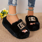 Women's Plush Slippers with Metallic Buckle - Thick Sole, Faux Furry Material, Black/Brown/Grey, Comfortable Indoor Shoes for All Seasons, House Slippers