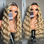 13x4 613 Lace Front Wigs Ombre Brown Roots To Blonde Pre-plucked 180% Density Luscious Blonde Deep Wave Wig HD Transparent Frontal Wig Glueless Lace Front Wigs For Women Girls Party Vacation Daily Used 28inch