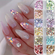 1 Box Holographic Hexagon Iridescent Nail Glitter Sequins - Mermaid Flakes Powder for Y2K Wedding Nail Art, Shiny Sparkly Sheets for Creative Manicures, Multi-Dimensional Colors (Pink, Blue, Green, Golden, Purple), Party Nail