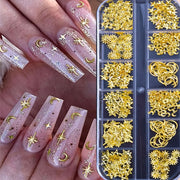 12 Grids 1000pcs Moon Star Nails Golden Metallic Nail Sequins Charms 3D Nail Art Tips Decoration Press On Manicure Supply DIY Nail Gems Nail Supplies
