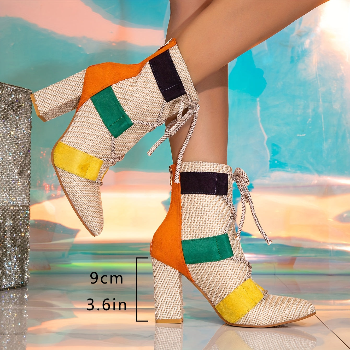 Multicolor Patchwork High-Heel Ankle Boots - Pointed Toe, Chunky Heel, Fabric Lace-Up & Back Zipper, Rubber Sole - Elegant Fashionable Short Boots for Casual Wear