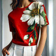 Women's Elegant Floral Print Short Sleeve T-Shirt - Bright Red with White Daisies and Green Leaves, Breathable Spring/Summer Casual Top | Floral Casual Tee | Comfort Fit, Women's T-Shirt