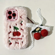 Autumn And Winter Cherry Plush Phone Case with Cherry Pendant for Iphone 16 Pro Max