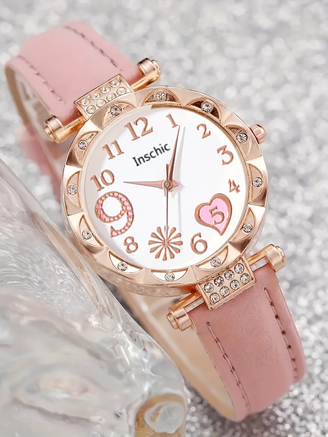 6pcs Elegant Faux Leather & Rose Golden Accessory Set - Heart-Shaped Watch, Bracelet, Necklace, Earrings with Pink Rhinestones - Perfect Mother'S Day Gift for Moms, Everyday Style, Everyday Accessory Set|Fashionable Gift Set|