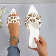 1 Pair Women'S Summer Fashion Metal Buckle Pointed Toe Flat Slides, Open Toe Comfortable Non-Slip Versatile Casual Sandals, Faux Upper and Rubber Sole, Elegant Simple Design