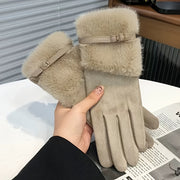 Women'S Fashion Faux Fur-Lined Full Finger Mittens, Polyester Knit Fabric, with Hand Wash Only, for Fall/Winter Outdoor Warm Accessories