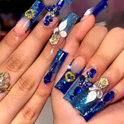 24pcs Luxe Blue Gradient 3D Press-On Nails with Rhinestones, Pearls & Golden Accents - Long Square Shape, Glamorous Heart & Floral Design for Elegant Manicures, Nail Art