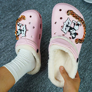 Women's Winter Thermal Clogs with Cartoon Pattern, Casual Style, EVA Sole, Fabric Liner, All-Season Slip-On Shoes with Golden Chain Detail