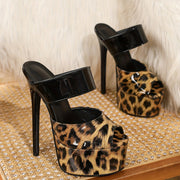 Women's Leopard Print Open Toe Super High Heel Sandals - 6.3inch Platform with Black Ankle Strap, Fashionable Party & Model Show Shoes, Fashion Footwear | Open Toe Heels | Elegant Design, Leopard Print Shoes