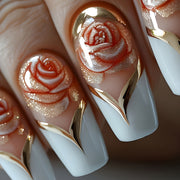 48pcs Bright Ballet Wind Pressure Acrylic Nails, Pink Flowers And Golden Stripe Design-Reusable, Ladies' Shiny Fake Nails Is Suitable As a Beautiful Gift for Each Other on Valentine'S Day.