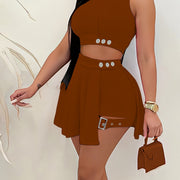 Women'S 2pcs Summer Outfit Set, Elegant Sleeveless Button-Embellished Shorts Skirt, Polyester 95% Elastane 5%, Solid Color, Crew Neck, All-Season Knit Fabric