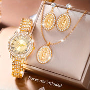 Middle East Ramadan Ladies Watch 1Set Ladies Watch Luxury Full Rhinestone Roman Dial Quartz Watch And Our Lady Of Guadalupe Pendant Necklace Earings Jewelry Set Suitable for Women Party Holiday Birthday Wear Or As Sisters The