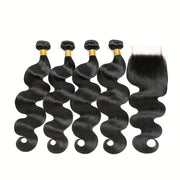 Body Wave 4 Bundles with Closure Brazilian 12A Unprocessed Virgin Human Hair 4x4 Free Part Closure Body Wavy Human Hair Bundles with Closure Natural Color Free Part HD Lace Transparent
