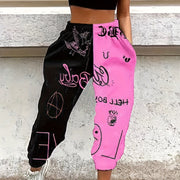 Women's Casual Jogger Pants - Loose-Fit Elastic Cuff Sweatpants with Black & Pink Color-Block Design, Letter & Graphic Prints (Hearts, Stars, Peace Signs), All-Season Machine Washable Lounge Pants for Women, Jogging Pants, Ca